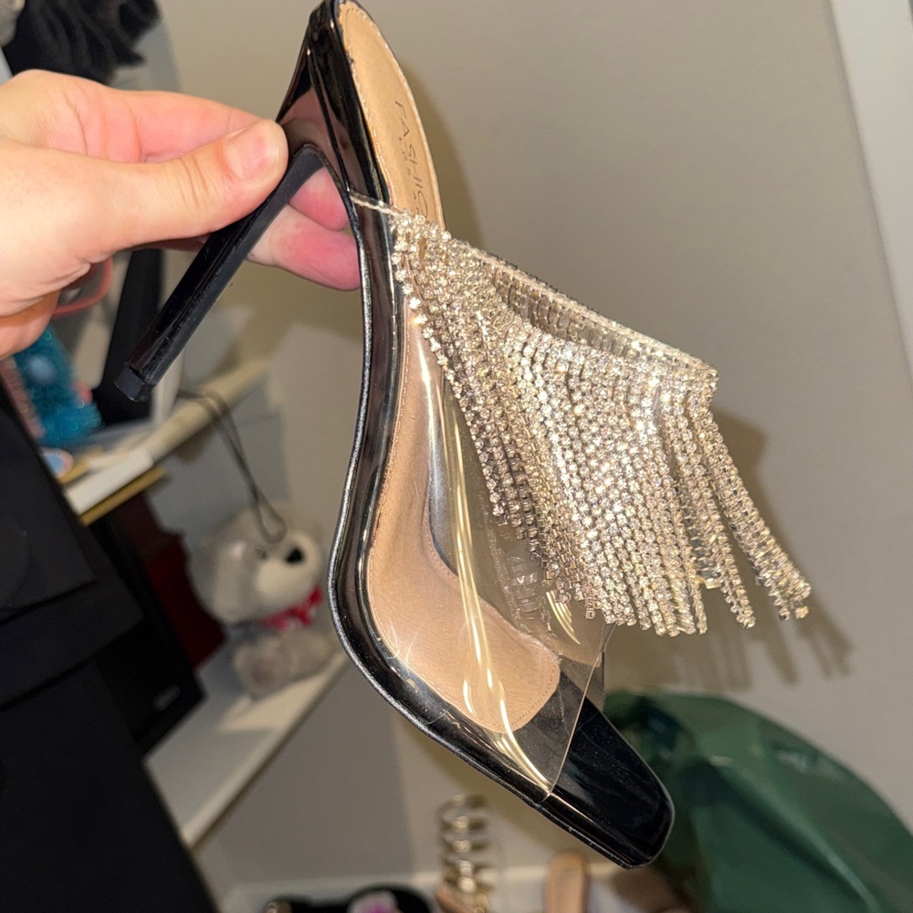 Fashion Nova Black and Silver Fringe Heels